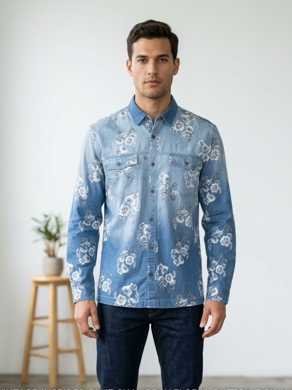 INC. International Vintage-Inspired Blue Chambray Floral Button Down Shirt L